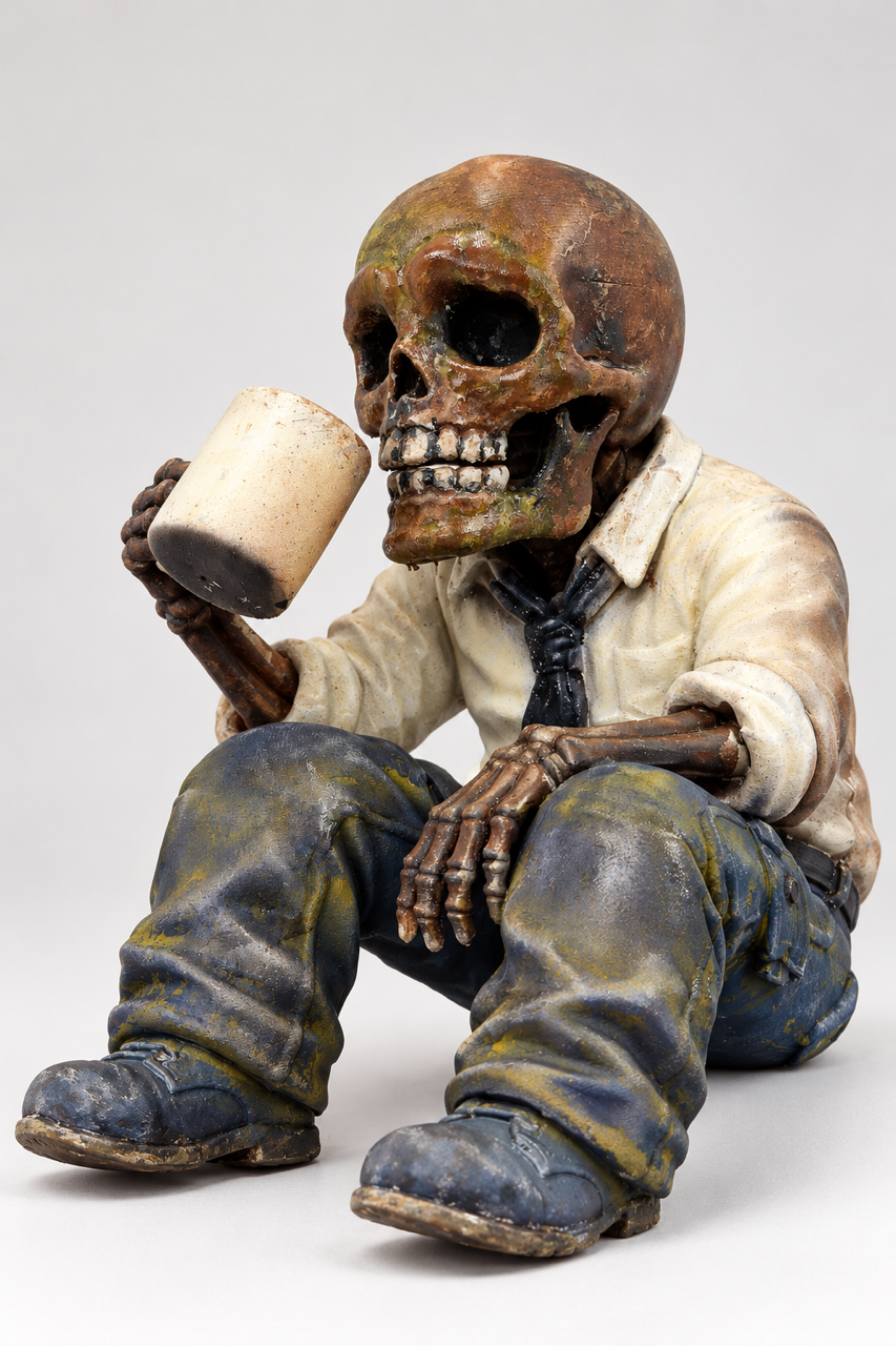 Moe van de koffie, vooraanzicht van het handbeschilderde sculptuur