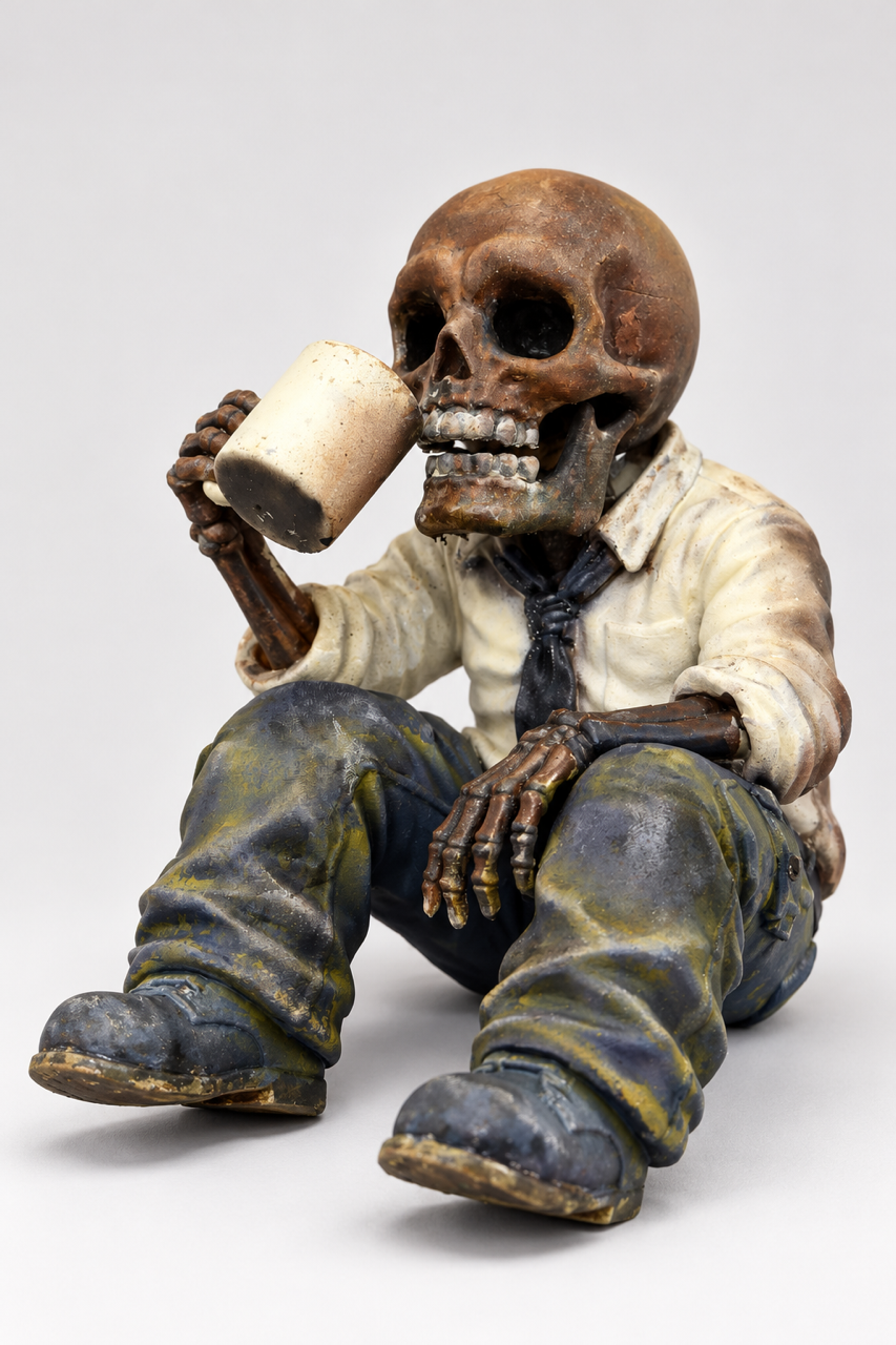 Moe van de koffie, handbeschilderd zittend skelet met koffiemok